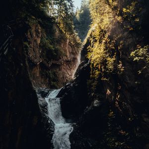 Preview wallpaper waterfall, rocks, bridge, trees, tourists