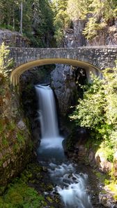 Preview wallpaper waterfall, rocks, bridge, trees