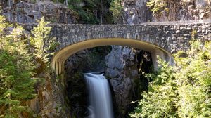Preview wallpaper waterfall, rocks, bridge, trees