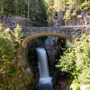 Preview wallpaper waterfall, rocks, bridge, trees