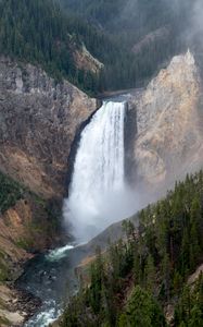 Preview wallpaper waterfall, rocks, canyon, trees, nature, aerial view