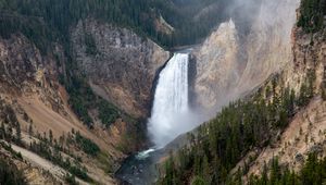 Preview wallpaper waterfall, rocks, canyon, trees, nature, aerial view