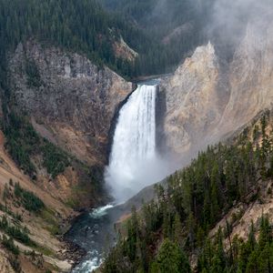 Preview wallpaper waterfall, rocks, canyon, trees, nature, aerial view