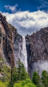 Preview wallpaper waterfall, rocks, cliff, bushes
