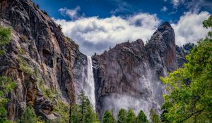 Preview wallpaper waterfall, rocks, cliff, bushes