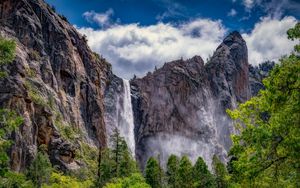 Preview wallpaper waterfall, rocks, cliff, bushes