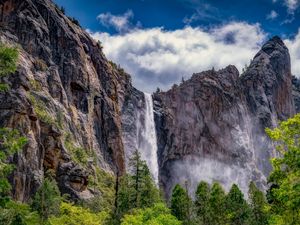 Preview wallpaper waterfall, rocks, cliff, bushes