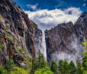 Preview wallpaper waterfall, rocks, cliff, bushes