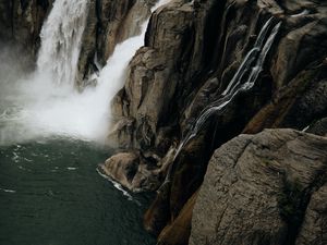 Preview wallpaper waterfall, rocks, cliff, stream, water