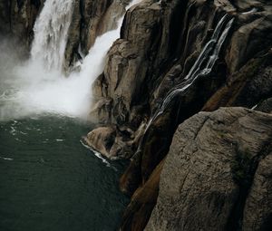 Preview wallpaper waterfall, rocks, cliff, stream, water