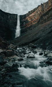 Preview wallpaper waterfall, rocks, cliff, stream, stones
