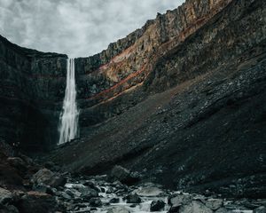 Preview wallpaper waterfall, rocks, cliff, stream, stones