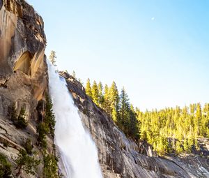 Preview wallpaper waterfall, rocks, cliff, trees