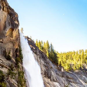 Preview wallpaper waterfall, rocks, cliff, trees