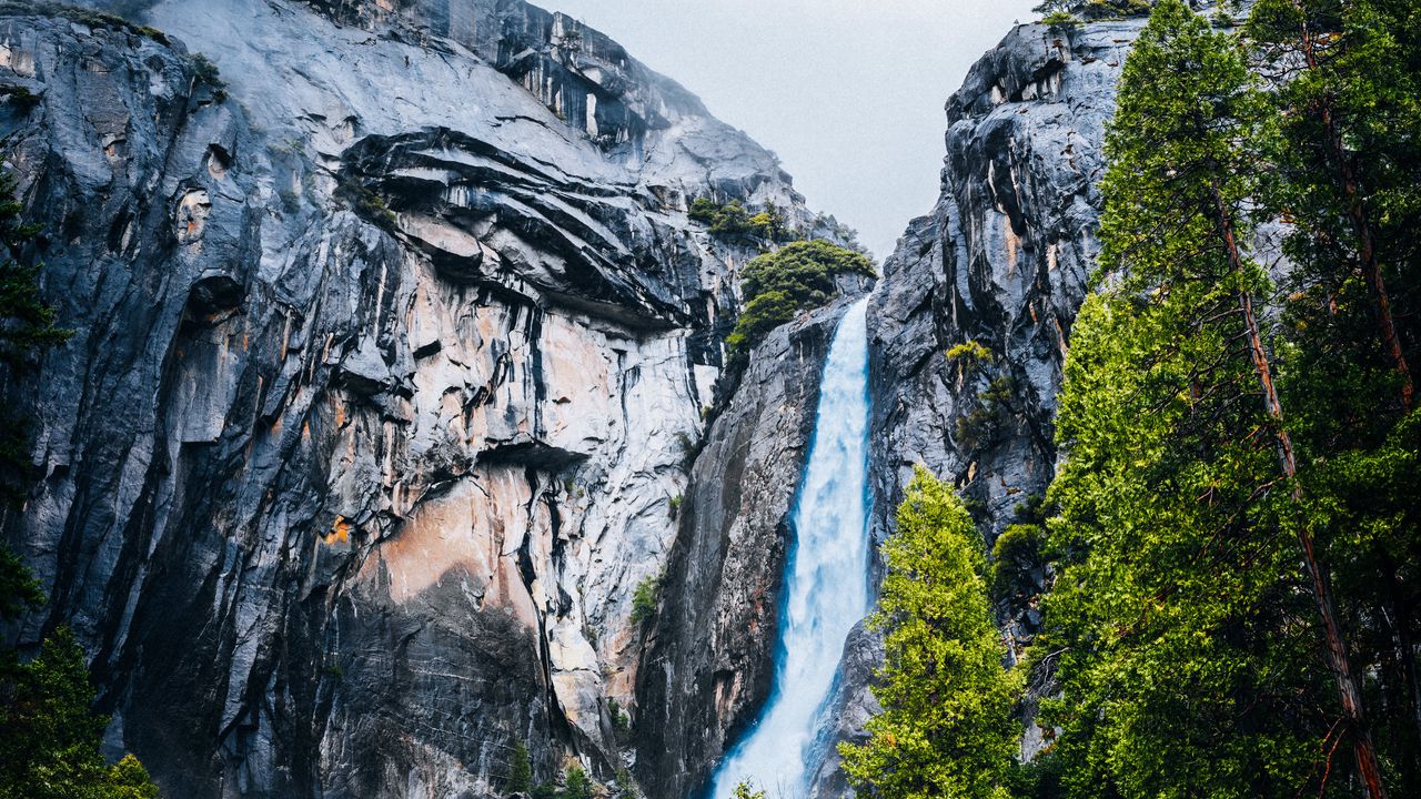Wallpaper waterfall, rocks, cliff, stones, river, trees