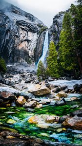 Preview wallpaper waterfall, rocks, cliff, stones, river, trees