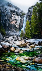 Preview wallpaper waterfall, rocks, cliff, stones, river, trees