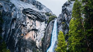 Preview wallpaper waterfall, rocks, cliff, stones, river, trees