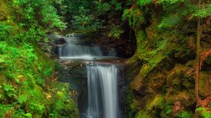 Preview wallpaper waterfall, rocks, forest, trees, nature