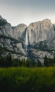 Preview wallpaper waterfall, rocks, grass, cliff