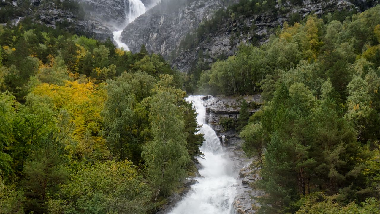 Wallpaper waterfall, rocks, landscape, trees