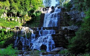 Preview wallpaper waterfall, rocks, landscape, grass, summer