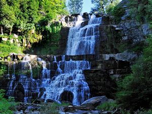 Preview wallpaper waterfall, rocks, landscape, grass, summer