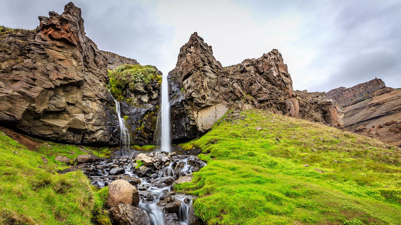 Wallpaper waterfall, rocks, landscape, grass