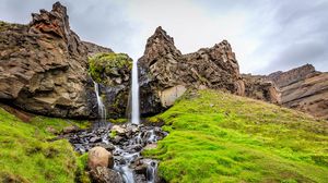 Preview wallpaper waterfall, rocks, landscape, grass