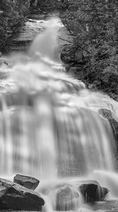 Preview wallpaper waterfall, rocks, long exposure, bw, nature