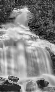 Preview wallpaper waterfall, rocks, long exposure, bw, nature