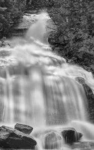 Preview wallpaper waterfall, rocks, long exposure, bw, nature