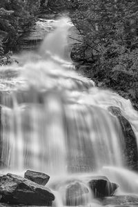 Preview wallpaper waterfall, rocks, long exposure, bw, nature