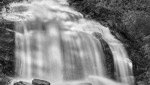 Preview wallpaper waterfall, rocks, long exposure, bw, nature