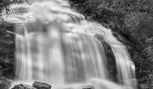 Preview wallpaper waterfall, rocks, long exposure, bw, nature