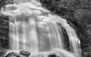 Preview wallpaper waterfall, rocks, long exposure, bw, nature