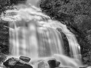 Preview wallpaper waterfall, rocks, long exposure, bw, nature