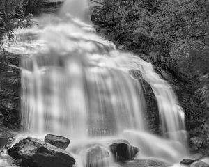 Preview wallpaper waterfall, rocks, long exposure, bw, nature