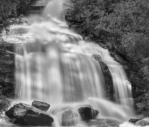 Preview wallpaper waterfall, rocks, long exposure, bw, nature