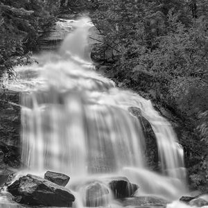 Preview wallpaper waterfall, rocks, long exposure, bw, nature