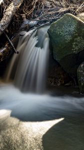 Preview wallpaper waterfall, rocks, long exposure, nature, landscape