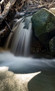 Preview wallpaper waterfall, rocks, long exposure, nature, landscape