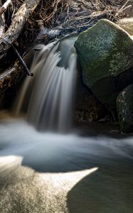 Preview wallpaper waterfall, rocks, long exposure, nature, landscape