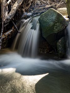 Preview wallpaper waterfall, rocks, long exposure, nature, landscape