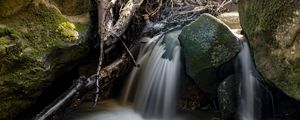 Preview wallpaper waterfall, rocks, long exposure, nature, landscape