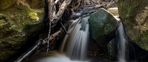 Preview wallpaper waterfall, rocks, long exposure, nature, landscape