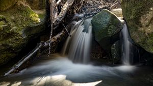 Preview wallpaper waterfall, rocks, long exposure, nature, landscape