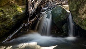 Preview wallpaper waterfall, rocks, long exposure, nature, landscape