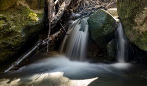 Preview wallpaper waterfall, rocks, long exposure, nature, landscape