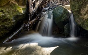 Preview wallpaper waterfall, rocks, long exposure, nature, landscape